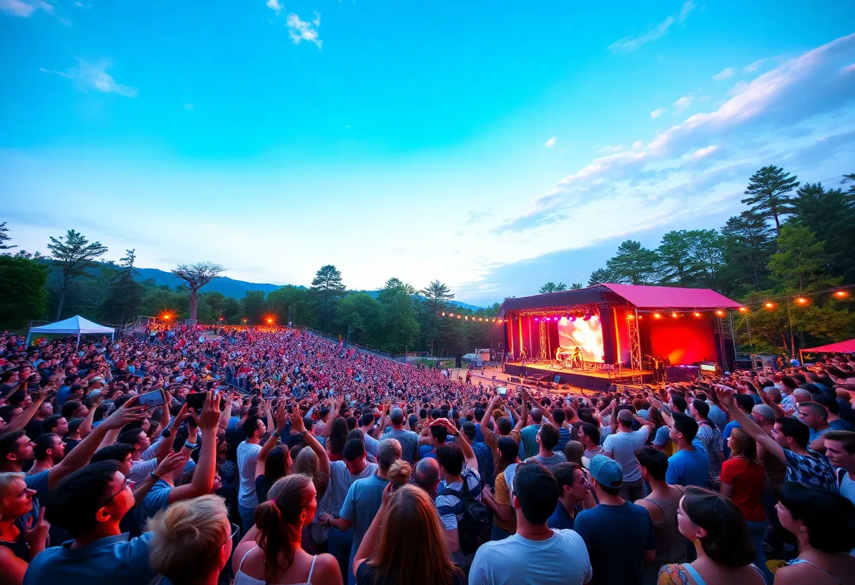A lively outdoor concert scene featuring an excited crowd at the Zoo Amphitheatre.