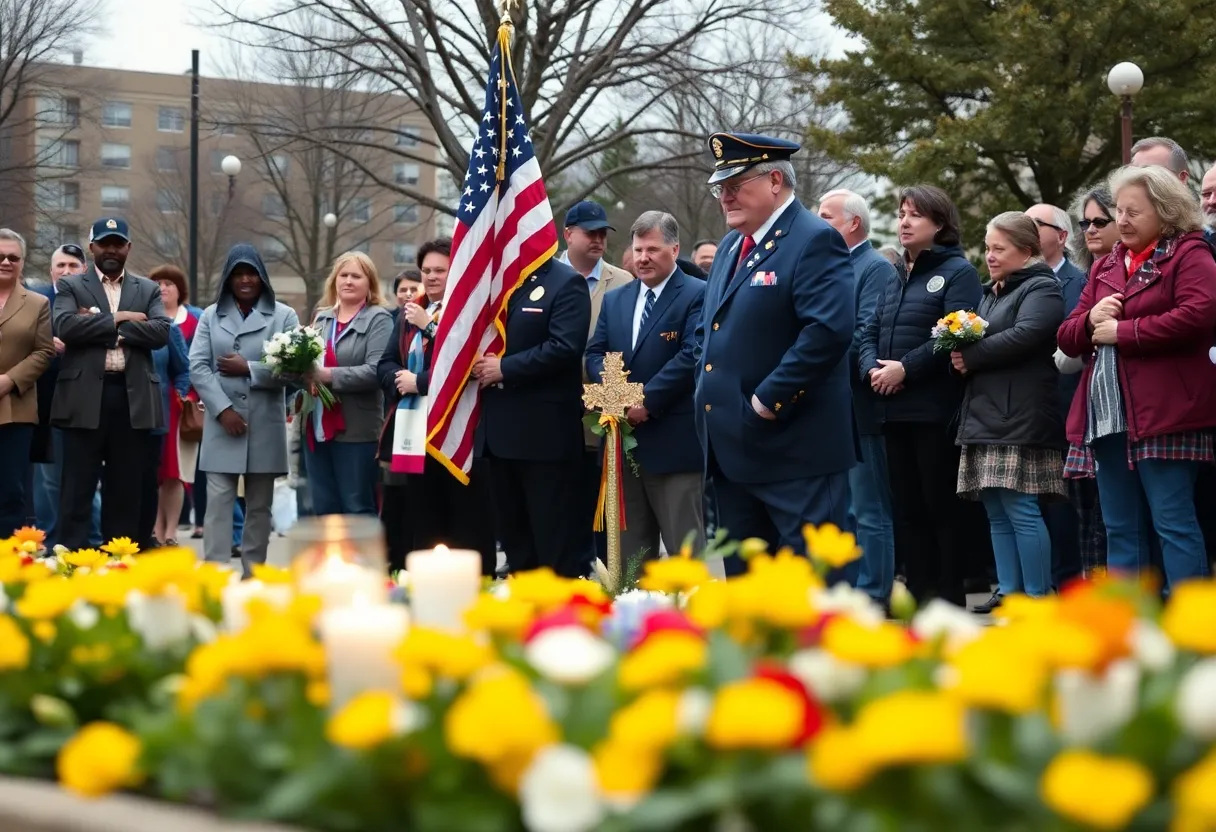 Community members gathering in memorial for a veteran