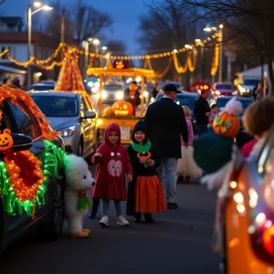 Families enjoying the Trunk-or-Treat Festival at SouthWest Toyota with decorated vehicles.