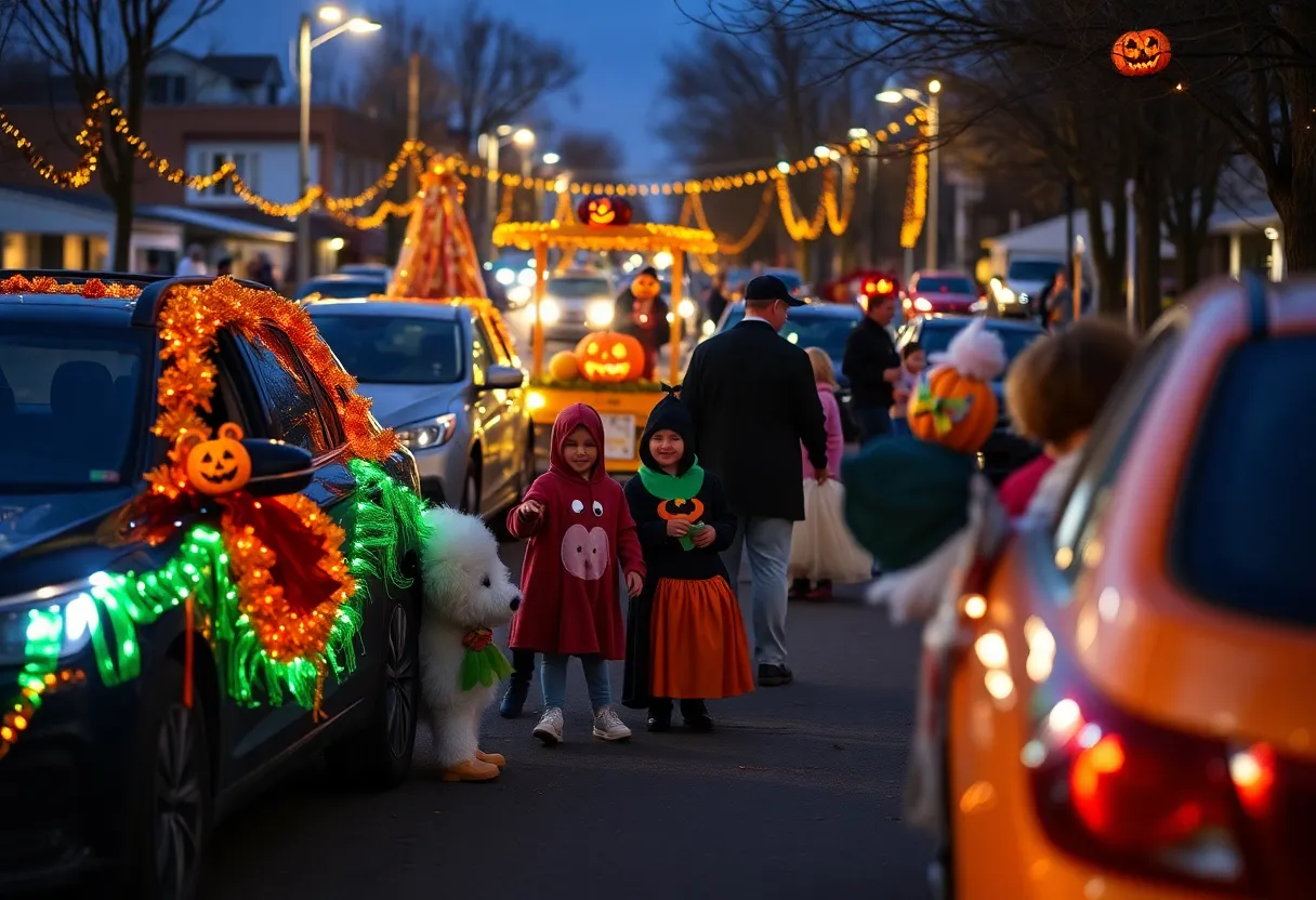 Families enjoying the Trunk-or-Treat Festival at SouthWest Toyota with decorated vehicles.