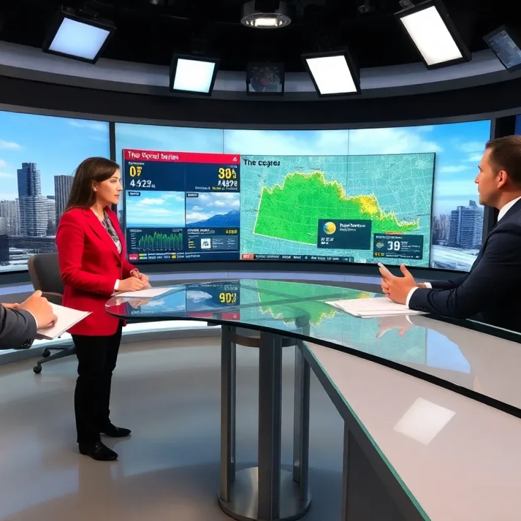 Meteorologists in a Tulsa newsroom discussing weather related to business.