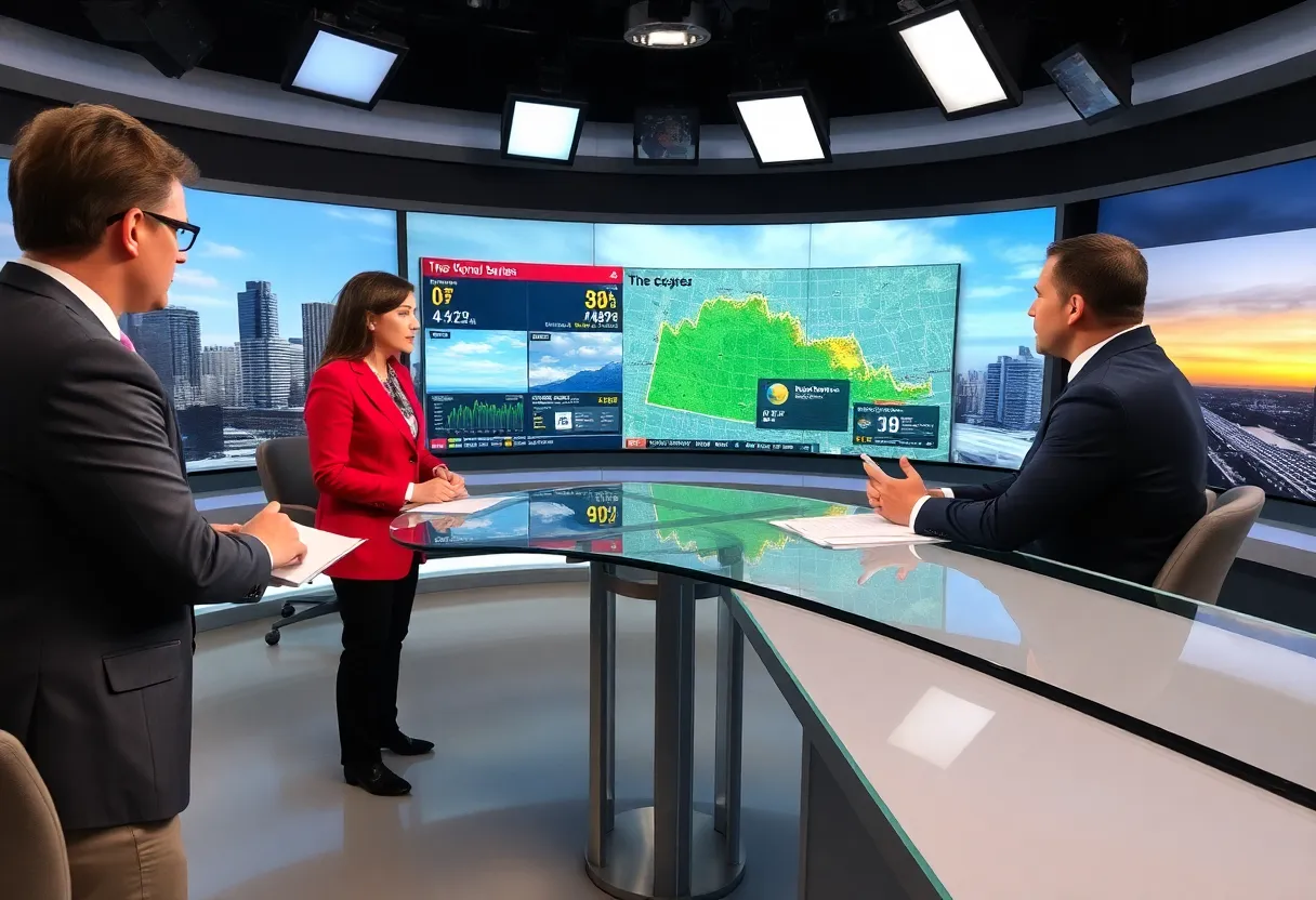 Meteorologists in a Tulsa newsroom discussing weather related to business.