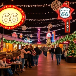 Families visiting a local attraction along Tulsa's Route 66 during the holiday season.