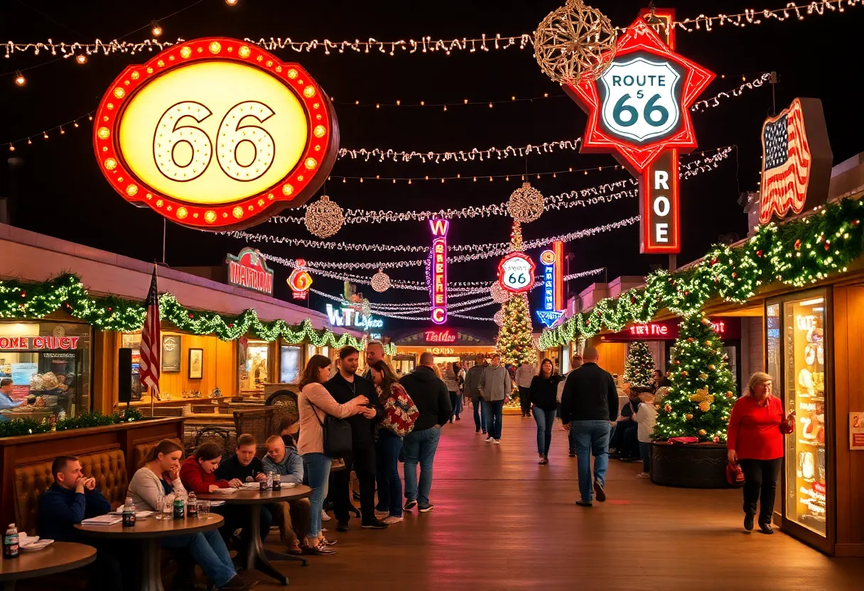 Families visiting a local attraction along Tulsa's Route 66 during the holiday season.