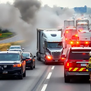 Emergency responders managing a highway accident with vehicle fires caused by a tire blowout