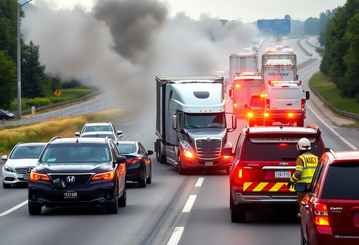 Emergency responders managing a highway accident with vehicle fires caused by a tire blowout