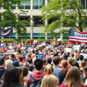 Governor Stitt speaking at the Turning Point USA event with a crowd of students at the University of Oklahoma