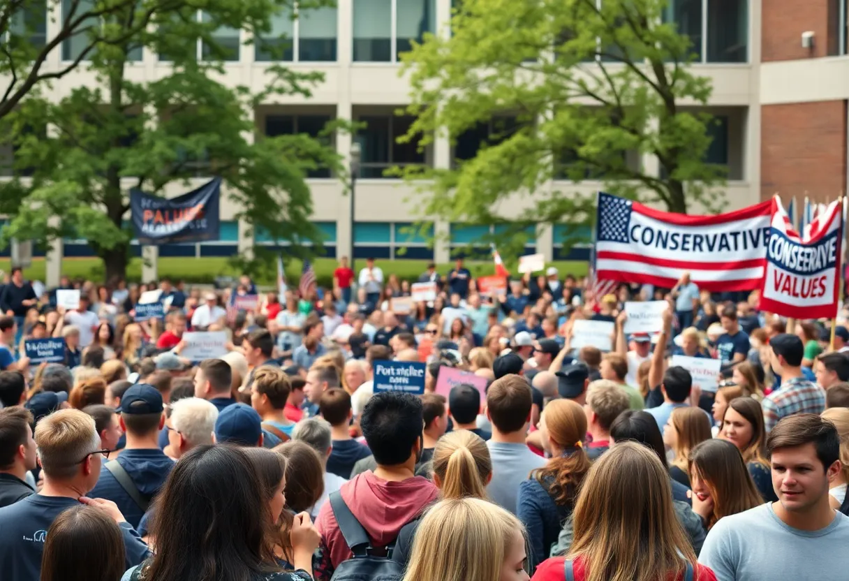 Governor Stitt speaking at the Turning Point USA event with a crowd of students at the University of Oklahoma