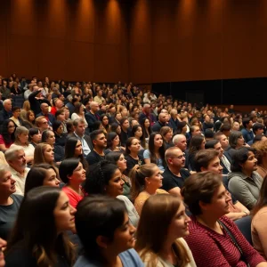 Audience at a university event listening to speakers discussing resilience and faith.