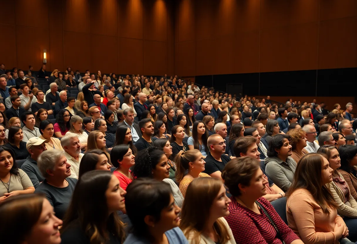 Audience at a university event listening to speakers discussing resilience and faith.