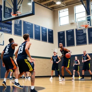 University of Central Oklahoma Bronchos basketball team practice session at Hamilton Field House.
