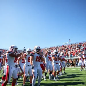 UCO Bronchos football team celebrating a win on the field