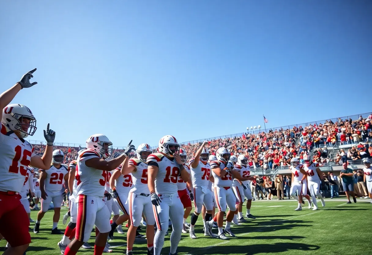 UCO Bronchos football team celebrating a win on the field