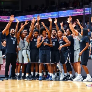 UCO Bronchos players celebrating on the court after a victory.