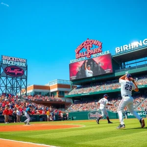 UCO Bronchos baseball team playing against Northeastern State RiverHawks at Bricktown Ballpark.