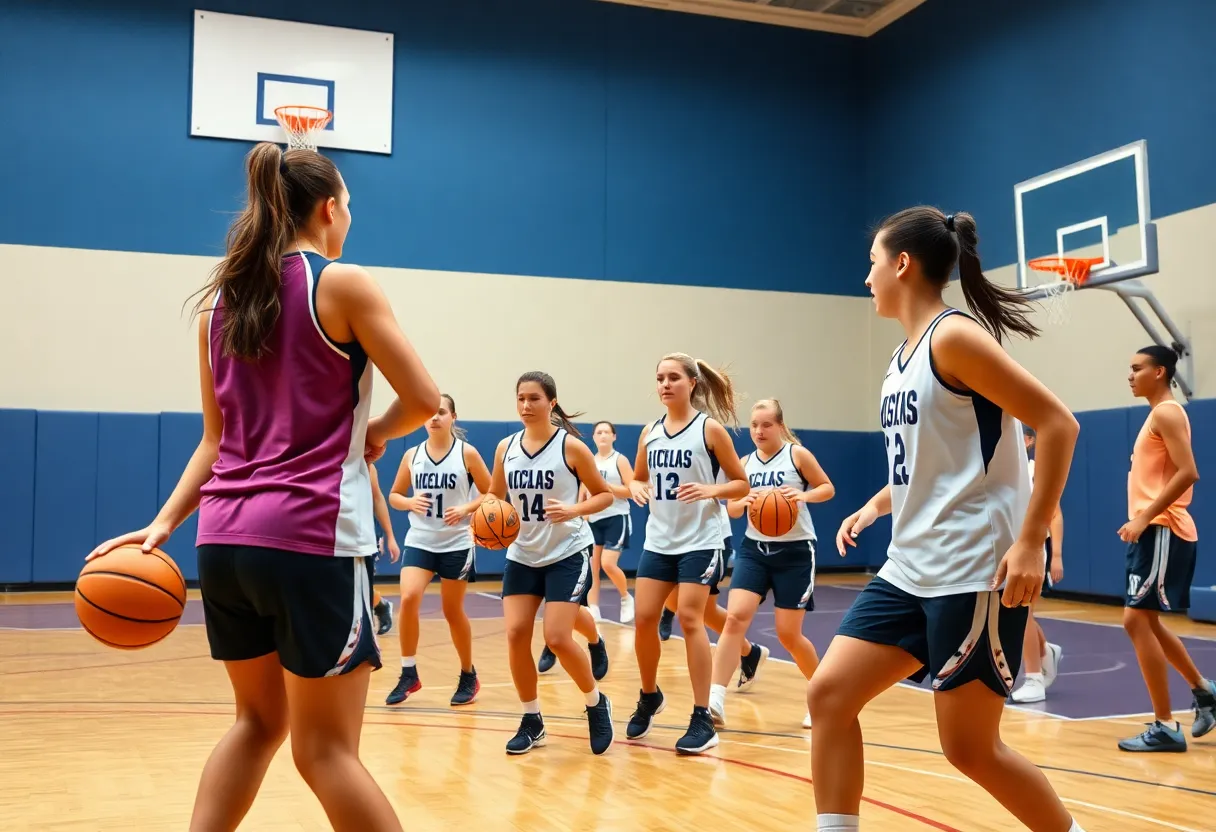 UCO Bronchos women's basketball team practice session.