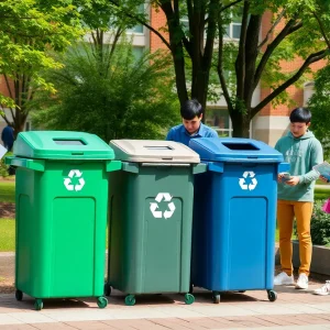 Students participating in the UCO recycling program at campus bins.