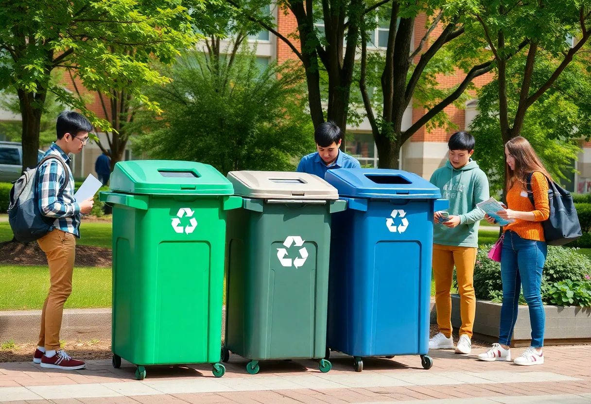 Students participating in the UCO recycling program at campus bins.