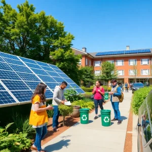 University of Central Oklahoma campus sustainability initiative with solar panels and students engaged in recycling.