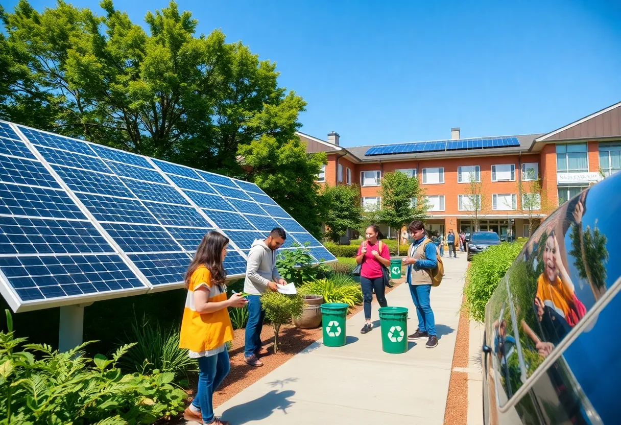 University of Central Oklahoma campus sustainability initiative with solar panels and students engaged in recycling.