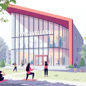 Rendering of a modern wellness center with students participating in wellness activities
