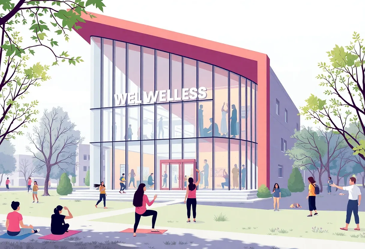 Rendering of a modern wellness center with students participating in wellness activities