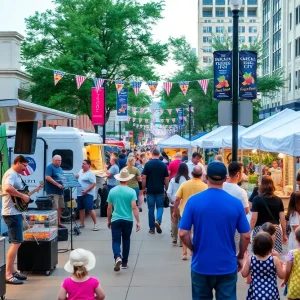 Scene from the Uptown Outside festival in Oklahoma City with live music and food trucks.