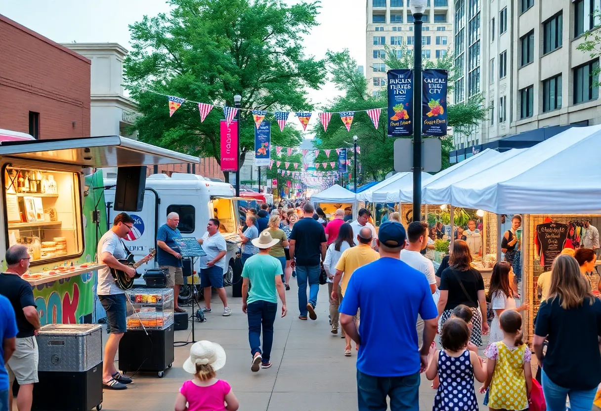 Scene from the Uptown Outside festival in Oklahoma City with live music and food trucks.