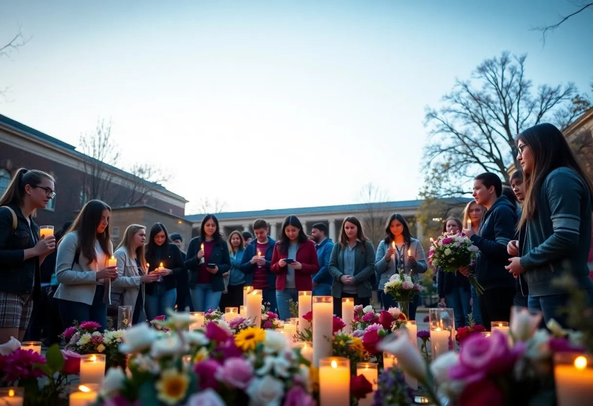 Students holding candles at vigil for a deceased classmate