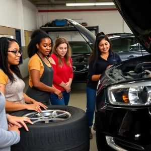 Women engaged in a car maintenance workshop