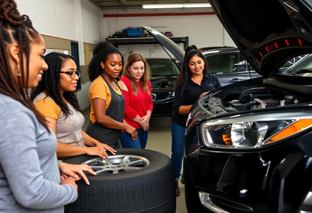 Women engaged in a car maintenance workshop