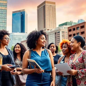 Diverse women entrepreneurs in Oklahoma City working together to drive innovation and business growth in a vibrant urban setting.