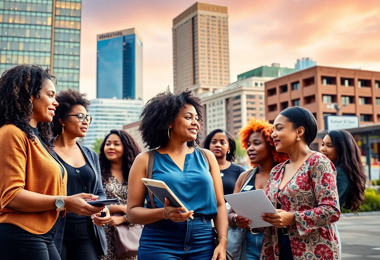 Diverse women entrepreneurs in Oklahoma City working together to drive innovation and business growth in a vibrant urban setting.