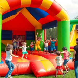 Families enjoying the world's largest bounce house tour at Remington Park.