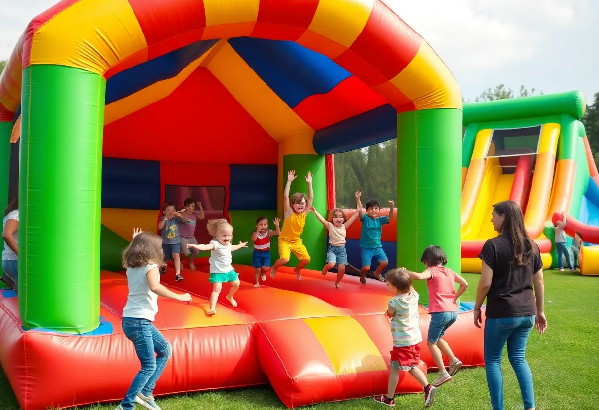 Families enjoying the world's largest bounce house tour at Remington Park.
