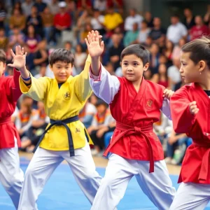Young martial artists competing in Taekwondo at a championship event.