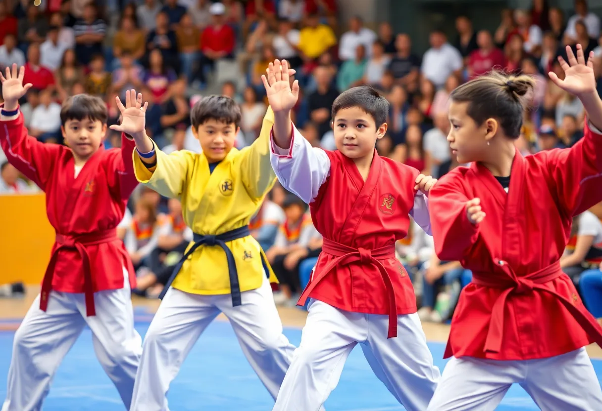 Young martial artists competing in Taekwondo at a championship event.