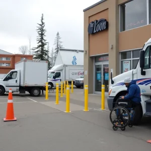 Delivery trucks blocking access at a Yukon storefront impacting disabled individuals.