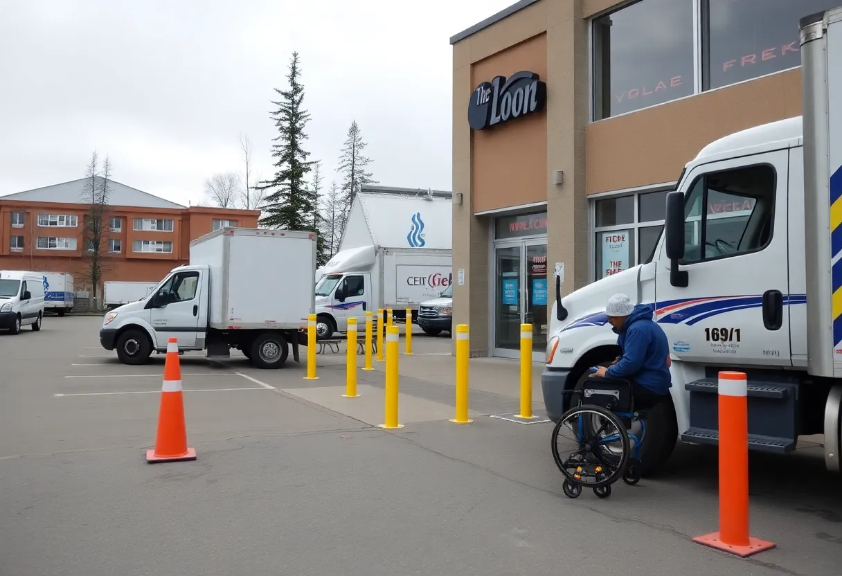 Delivery trucks blocking access at a Yukon storefront impacting disabled individuals.