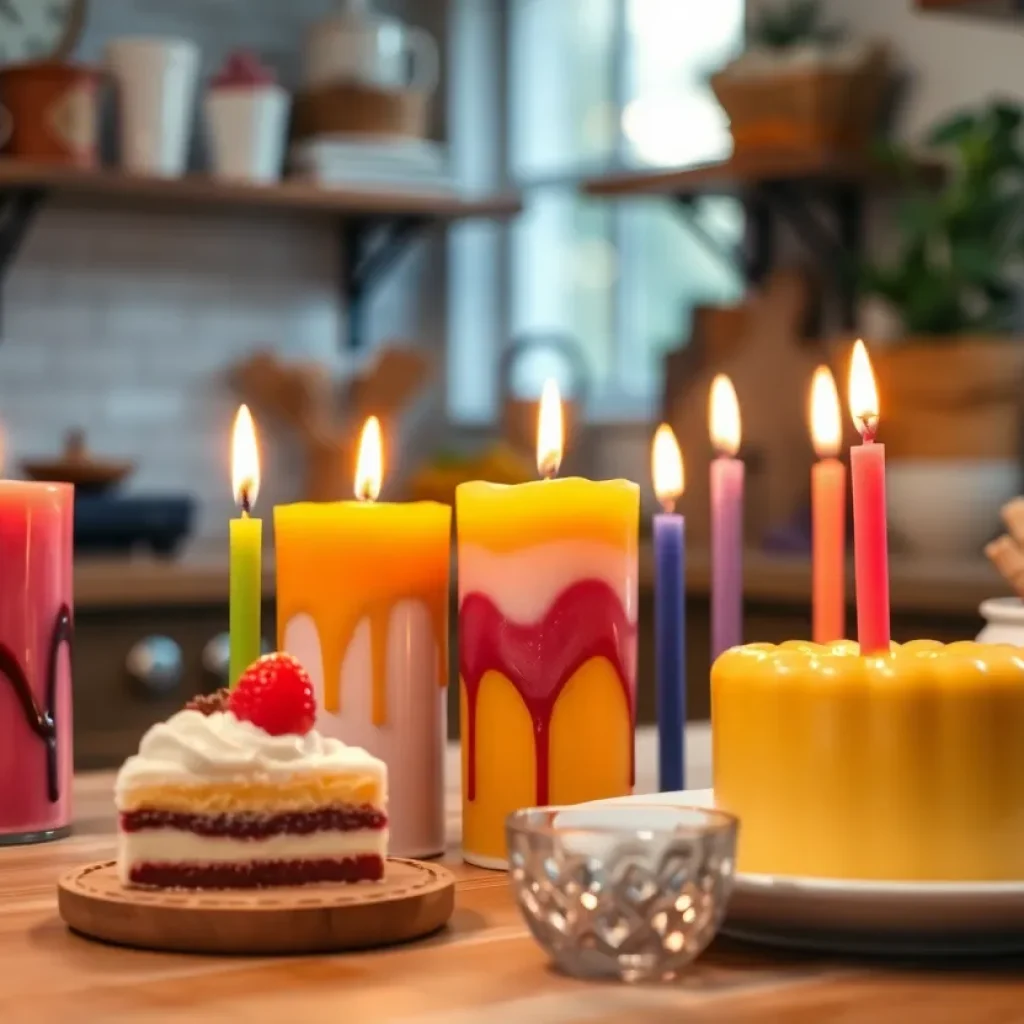 Colorful homemade candles resembling desserts in a cozy kitchen.