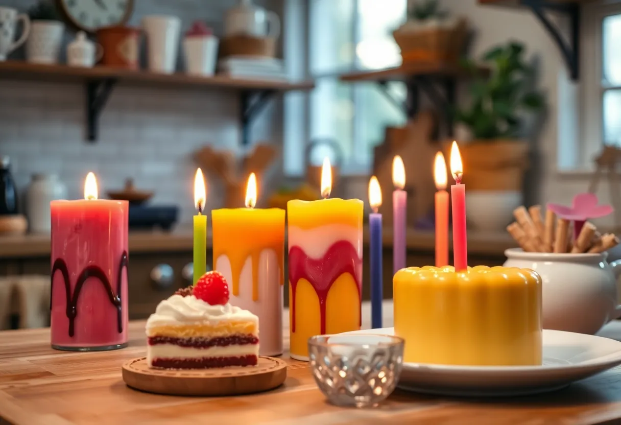Colorful homemade candles resembling desserts in a cozy kitchen.