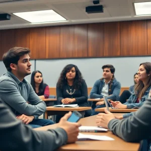Students in a university classroom engaging in a discussion about free speech