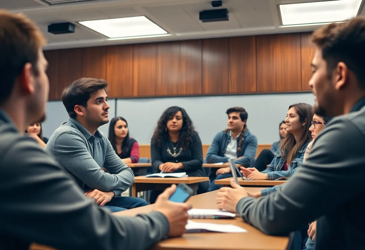 Students in a university classroom engaging in a discussion about free speech