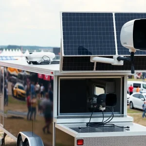 Solar-powered Flock camera trailer monitoring a public event.