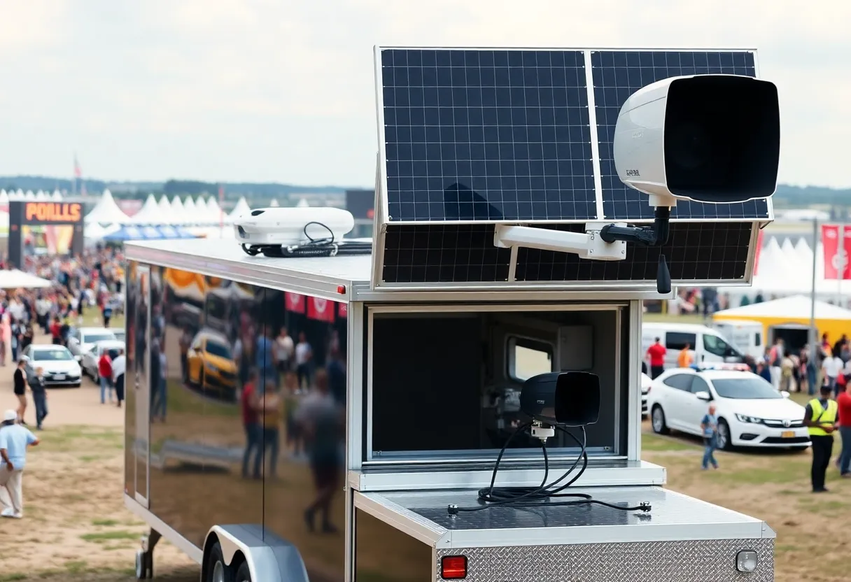 Solar-powered Flock camera trailer monitoring a public event.