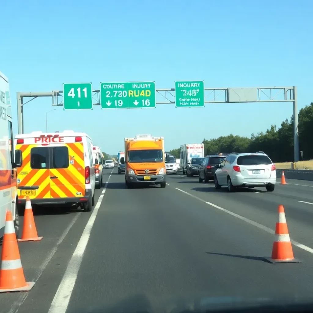 Emergency vehicles at an injury crash scene on I-40.