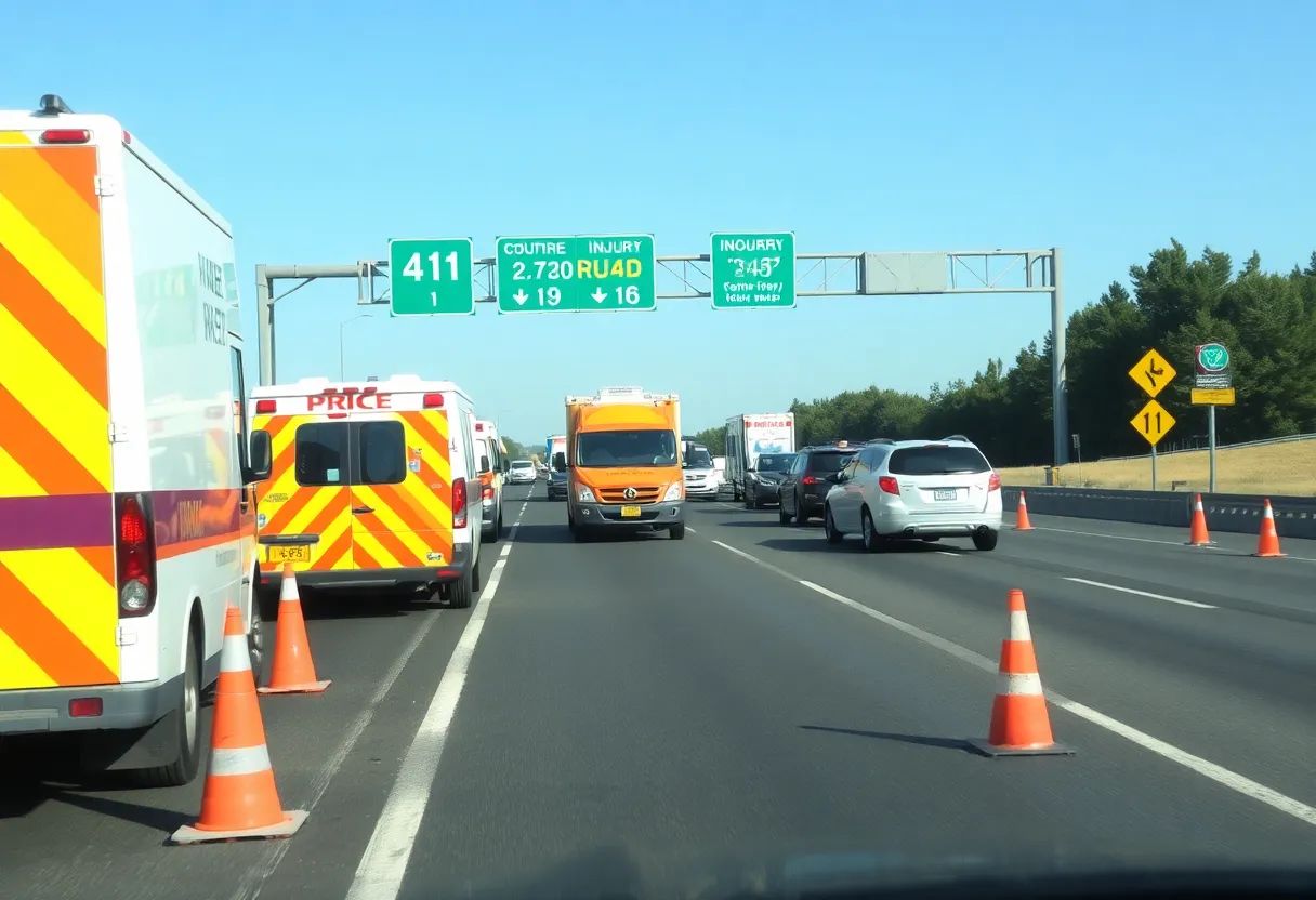 Emergency vehicles at an injury crash scene on I-40.