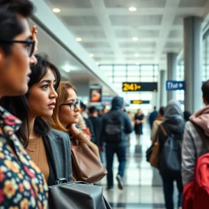 Diverse travelers at an airport representing international scholarship and academic freedom.