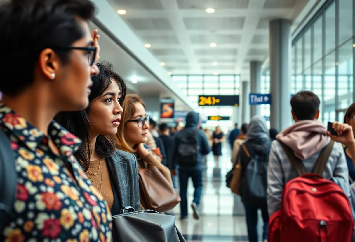 Diverse travelers at an airport representing international scholarship and academic freedom.