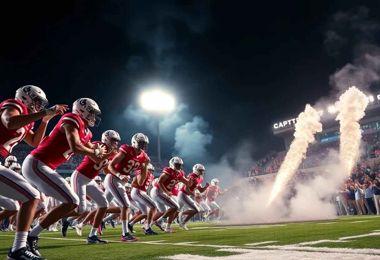 Players from Iowa State and Oklahoma State competing during a college football game.